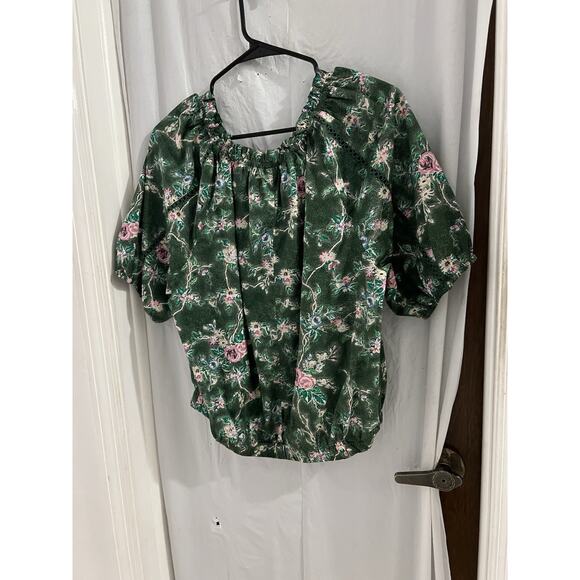 Lane Bryant Green Floral Button Up Balloon Waist Top Sz 14/16 Cropped Boho - Picture 7 of 7